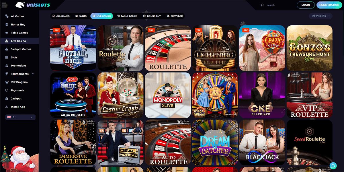 Screenshot van UniSlots Casino live casino pagina