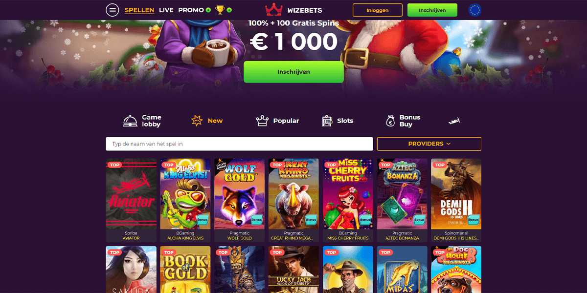screenshots van WizeBets Casino homepage