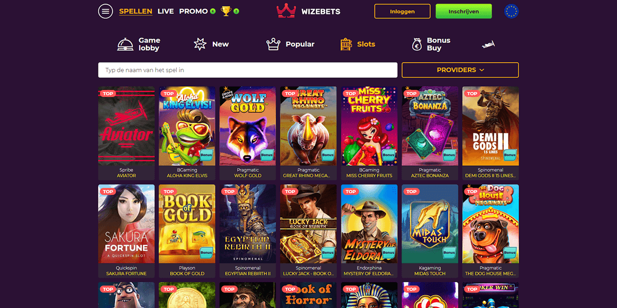 screenshots van WizeBets Casino slots pagina