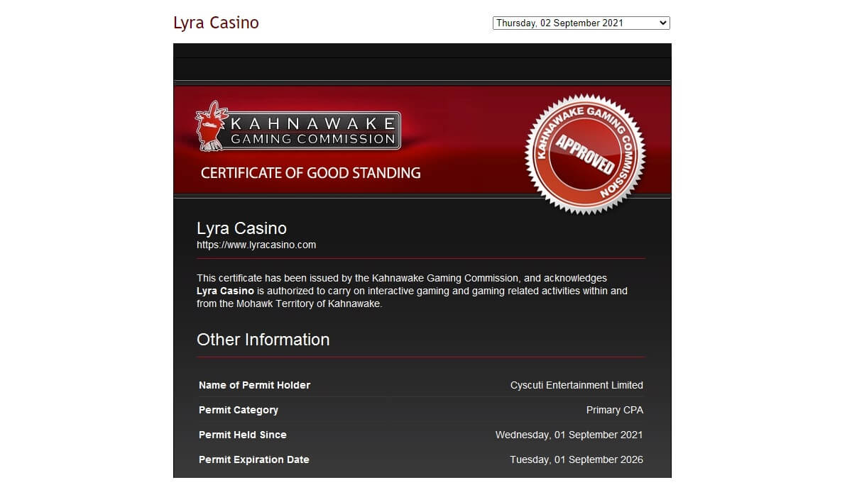 screenshots van de LyraCasino Kahnawake Gaming Commission